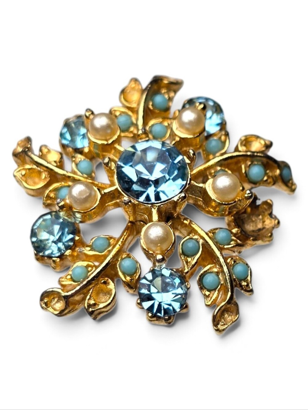 Vintage Gold-Tone Blue Crystal & Pearl Floral Brooch - Women's Jewelry